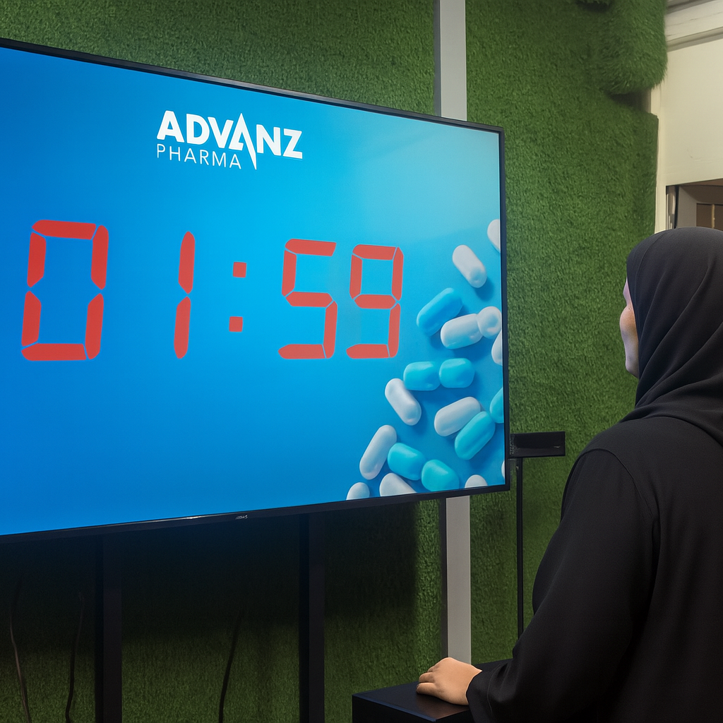 Guests playing Stop the Time interactive stopwatch game at a corporate event booth in Dubai, engaging with branded screen and trying to press the button at the perfect moment